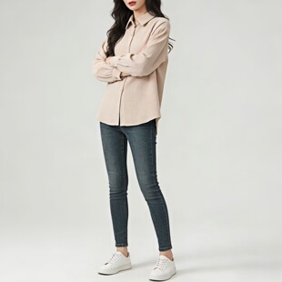 2026春夏季 浅杏色华夫格衬衫 女宽松慵懒风肌理感长袖 休闲衬衣 新款