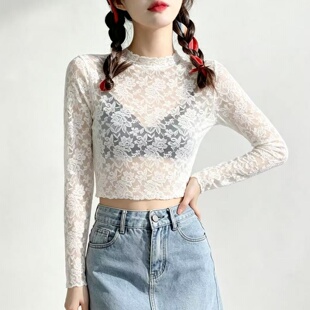2026夏季纯欲风花卉蕾丝上衣女 小高领短款修身长袖透视防晒罩衫