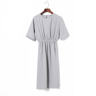 韩版 2020夏季 时尚 纯色优雅圆领套头短袖 女装 松紧高腰显瘦连衣裙