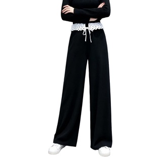 长裤 2026秋冬阔腿裤 百搭直筒牛仔裤 高腰蕾丝抽绳宽松休闲裤 女