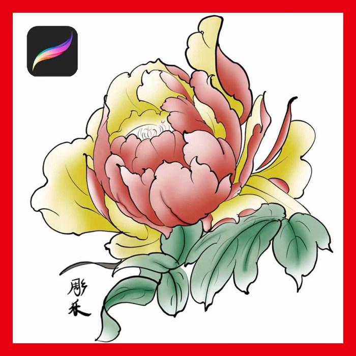 ipad procreate新传统纹身牡丹笔刷设计参考绘画软件刺青手稿素材