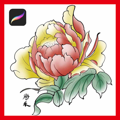 ipad procreate新传统纹身牡丹笔刷设计参考绘画软件刺青手稿素材