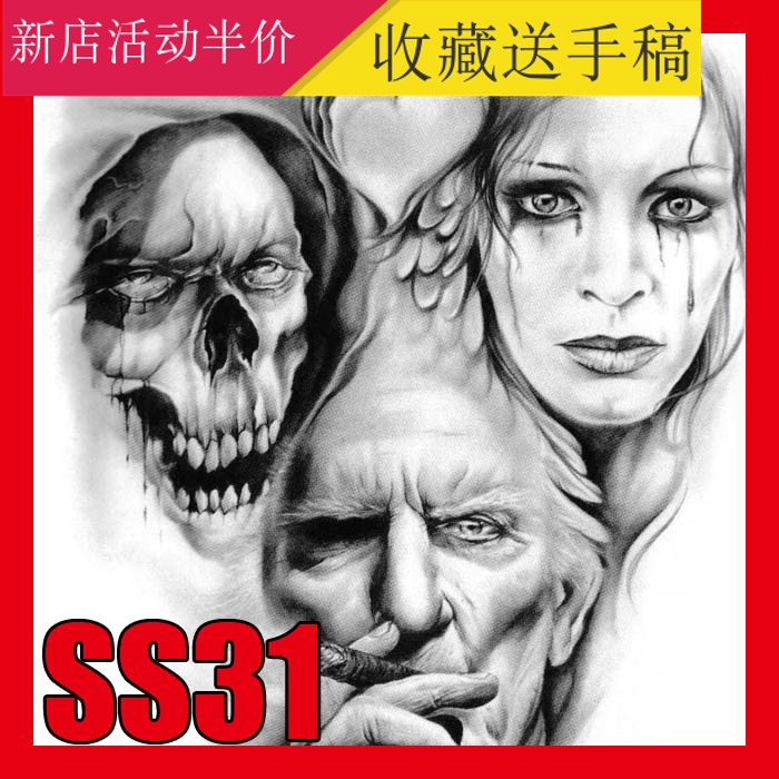 欧美人物黑灰纹身手稿刺青图手绘线稿素材欧美花臂满背素描SS31
