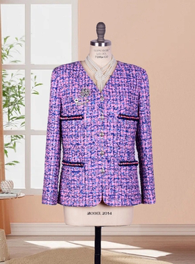 Yan.高级成衣定制 刘雯同款粉紫色V领气质小香风粗花呢外套