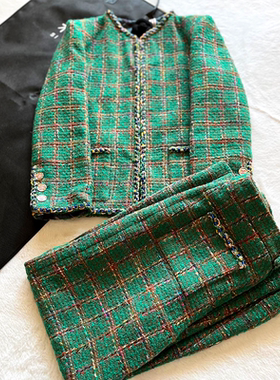 Yan.高级成衣定制 权志龙同款绿色格子V领粗花呢套装外套+长裤