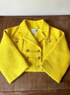 Yan.高级成衣定制 法式小香风复古黄色双排扣百搭短款粗花呢外套