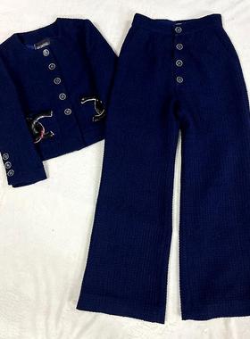 Yan.高级成衣定制  小香风圆领刺绣蓝色短款粗花呢套装 外套+长裤