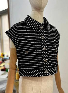 Yan.高级成衣定制 法式小香风经典翻领春秋黑白色条纹廓形马甲