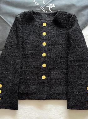 Yan.高级成衣定制 黑色珠子短款圆领小香风粗花呢外套