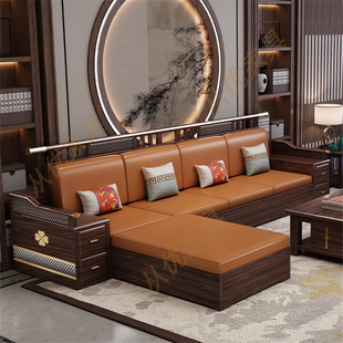 新中式乌金木实木沙发冬夏两用客厅大小户型通用别墅高端储物组合