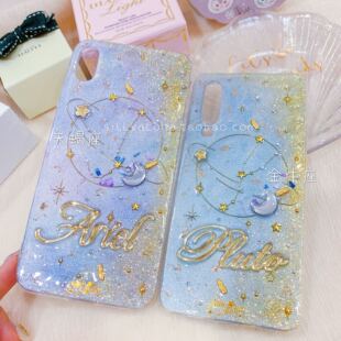 婴儿蓝金箔金色星空星球贝壳月亮闪钻英文名手机壳星座可