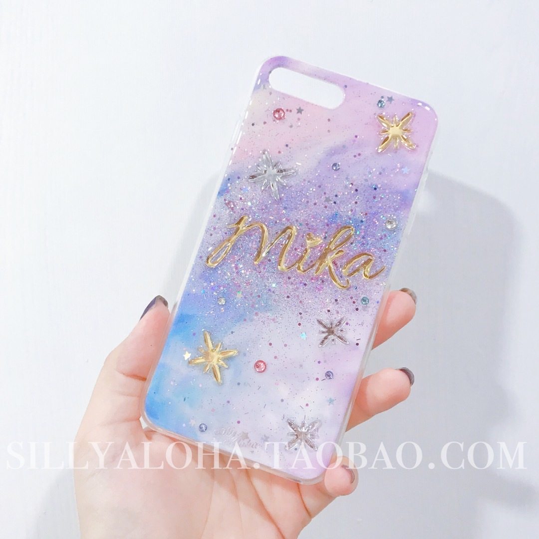 像变身器一样bling萌妹闪粉星空流苏链子英文名定制手机壳