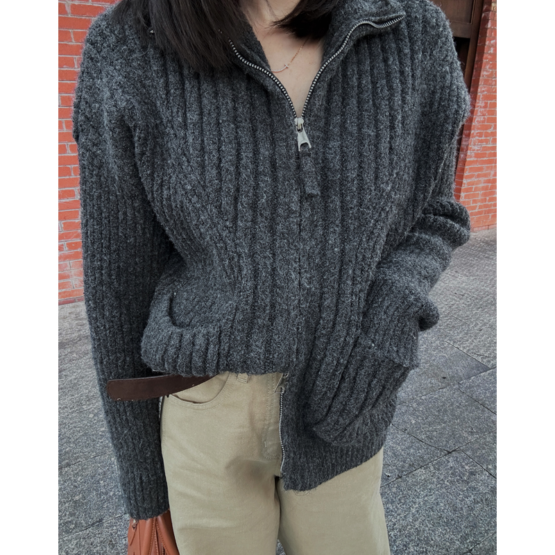 韩版复古立领双拉链开衫毛衣