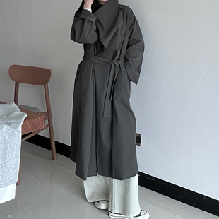 高级感冷淡灰色立领风衣女长款系带收腰显瘦宽松廓形大衣通勤外套
