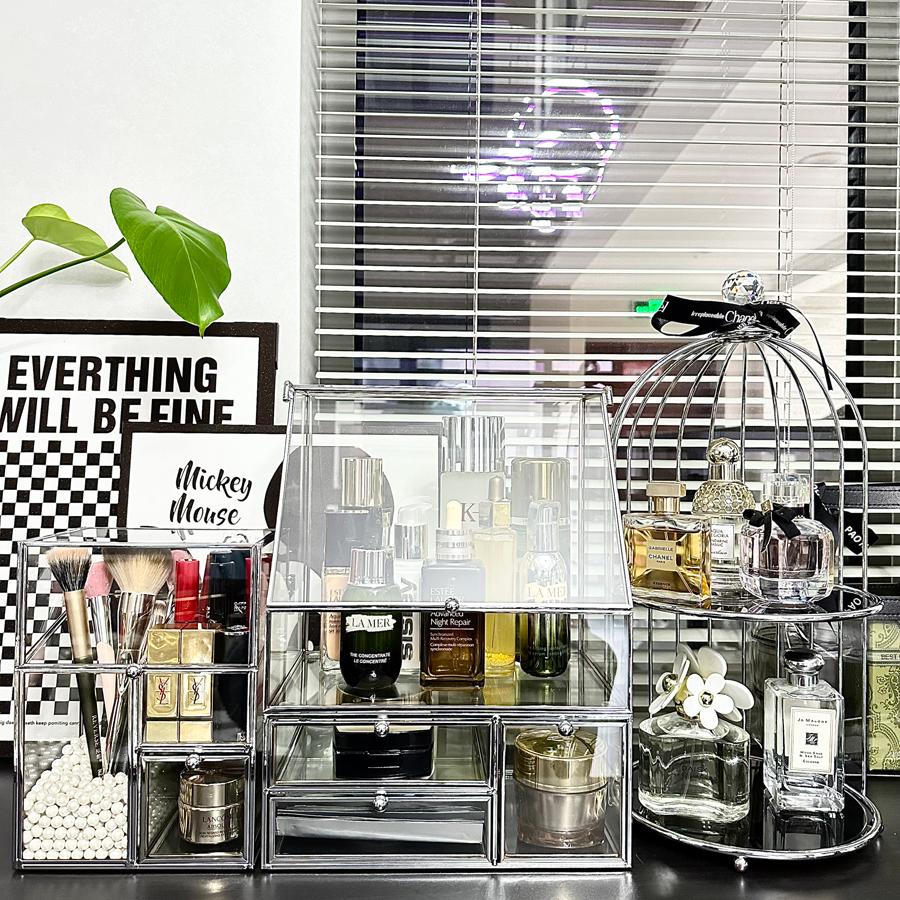 高级化妆品收纳盒玻璃桌面欧式护肤品梳妆台抽屉式透明防尘置物架