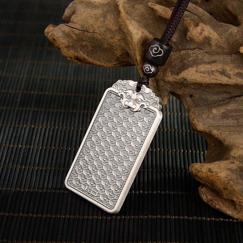 情侣足银999银吊牌国潮复古兽头祥云无事牌吊坠纯银项链挂件吊坠