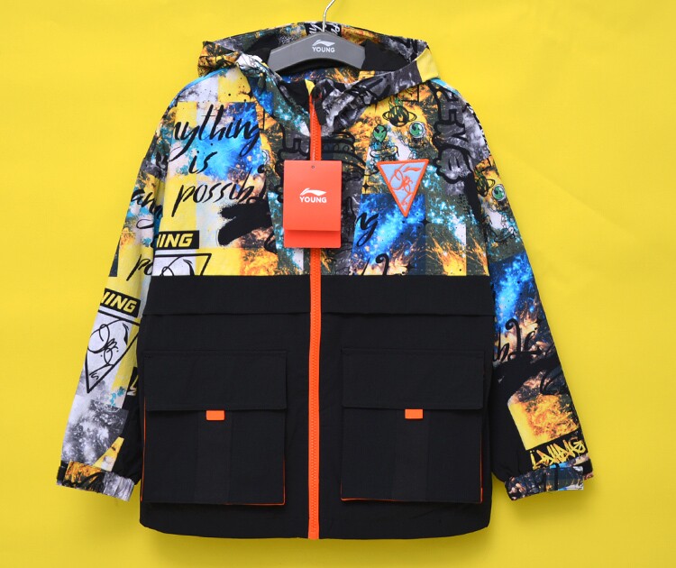 LI NING 아동복 소년 후드 스포츠 윈드 브레이커 가을 2022 새로운 스타일 중대형 어린이 패션 윈드 브레이커 재킷 트렌드