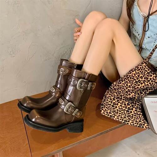 2025新款秋冬西部牛仔靴子方头粗跟中筒骑士靴子女复古朋克机车靴