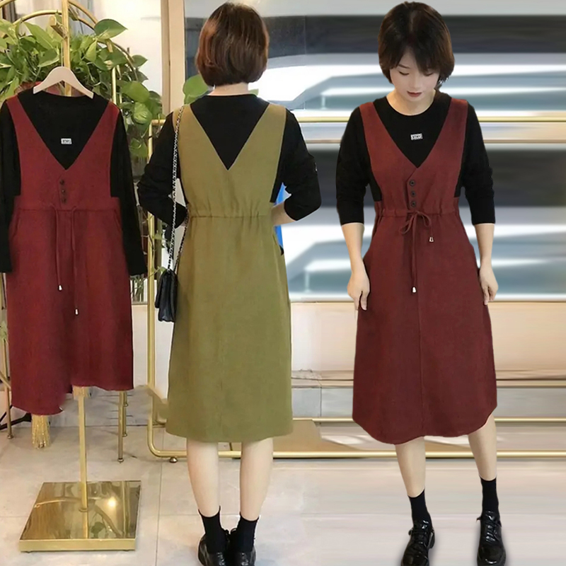 韩版假两件春秋连衣裙2022年新款长袖收腰抽绳时尚减龄显瘦通勤潮