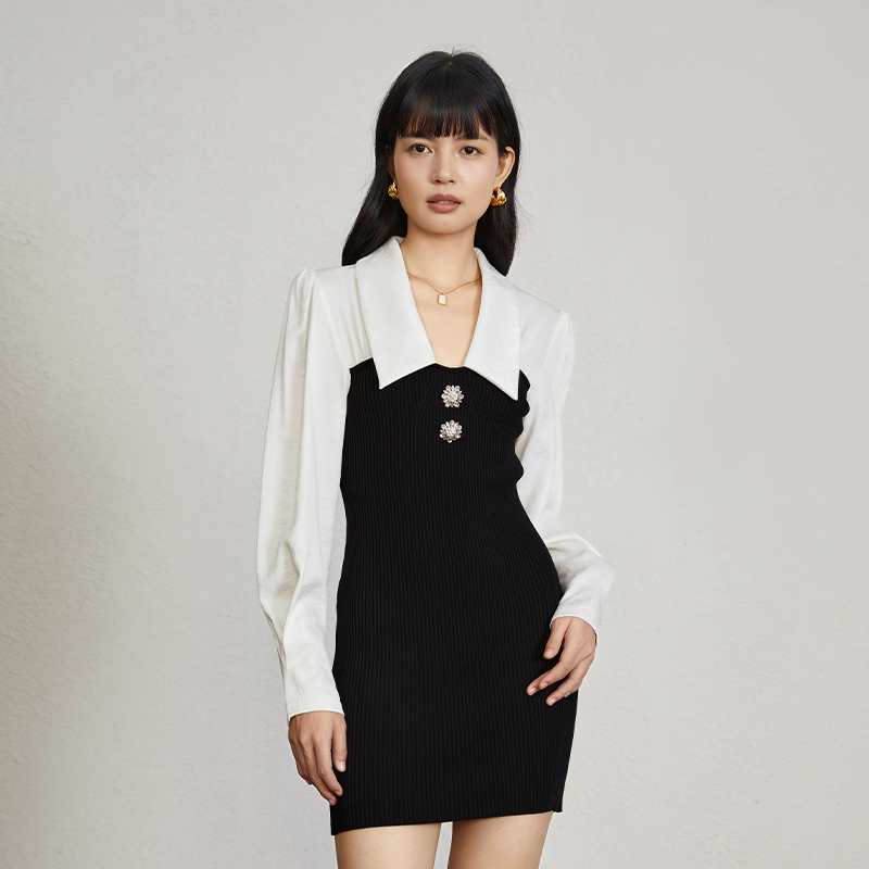 法式黑白拼色高腰紧身裙