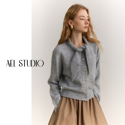 系带领结针织开衫女士