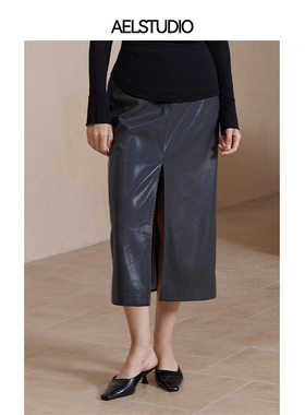 AEL原创高级感复古皮裙半身裙秋冬2025新款气质轻奢中长款直筒裙