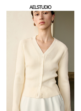 AEL原创v领羊毛针织开衫女长袖2025秋新款外穿高级感百搭修身上衣