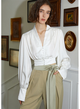 【呼呼专享】AEL原创法式优雅醋酸上衣2025秋季V领长袖天丝衬衫女
