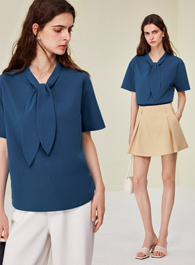AEL原创设计感兔子领短袖棉T恤女气质通勤蓝色衬衫