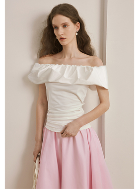 AEL棉衬衫白色法式荷叶边一字肩修身显瘦上衣