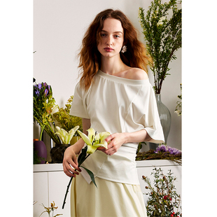 AEL斜领不规则收腰短袖 显瘦上衣 t恤女2025夏修身