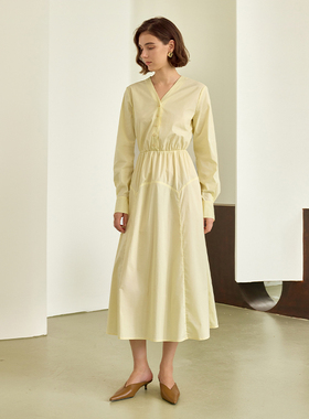 AEL原创法式气质V领长袖高腰连衣裙女2025秋温柔风a字蛋糕裙