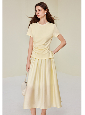 AEL原创莫代尔醋酸拼接设计感连衣裙女士2025新款夏季棉短袖裙子