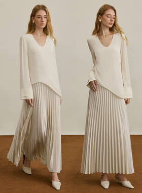 【汤曼妮粉丝专享】AEL原创假两件拼接长袖连衣裙女压褶裙子