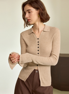 【柒柒】AEL原创polo开领天丝羊毛针织衫女秋法式修身长袖开衫