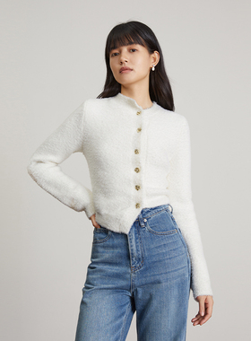 AEL小众设计感毛针织开衫24年秋冬新款法式白色通勤毛衣上衣女