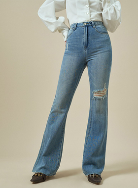 多件多折AEL高腰破洞牛仔裤2025年新款女小众复古蓝色阔腿微喇裤