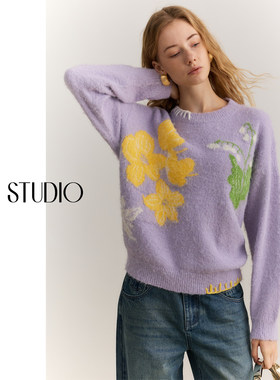 【柒柒】AEL原创气质提花毛衣女士2025秋冬季圆领套头羊毛针织衫