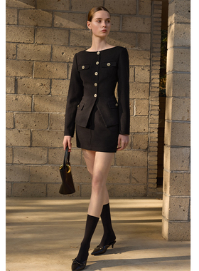 AEL原创小香风套装裙2025新款名媛气质显瘦单排扣外套黑色短裙