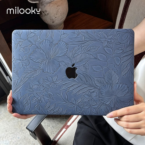 复古藏蓝浮雕花电脑neo保护套适用苹果m5笔记本macbookair13保护壳m4air15pro16外壳macbookpro14皮壳m3m2