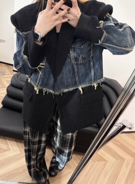 小众设计 23冬季 潮流酷飒时尚 牛仔拼接毛边粗花呢宽松西装外套