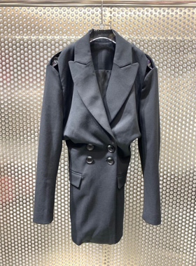 小众设计 22年冬新款 肩部挖剪镂空露肩 褶皱收腰中长款西装外套