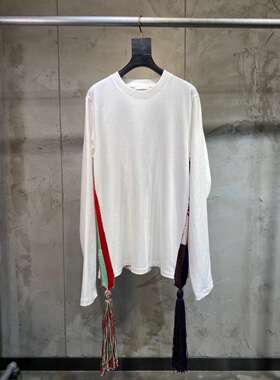 小众设计 22年早秋新款 双侧撞色针织流苏装饰 宽松圆领长袖T恤女