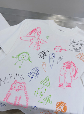 小众设计 23夏季 童趣俏皮减龄 卡通手绘涂鸦字母印花宽松短袖T恤