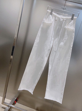 小众设计 23夏 简约百搭时尚 抽绳毛须边高腰显瘦直筒白色牛仔裤