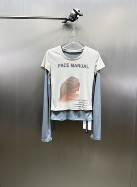 小众设计 23秋 休闲百搭叠穿时尚 人像字母图案宽松两件套长袖T恤