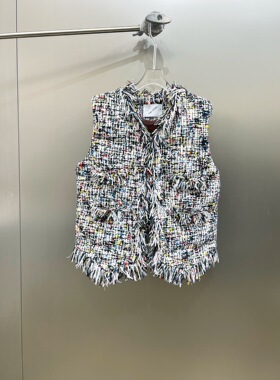 小众设计 23冬季 气质大方彩色编织粗花呢流苏边保暖短款羽绒马甲