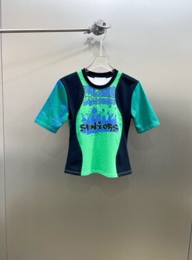 小众设计 23S 辣妹girl时尚撞色拼接字母月亮印花修身显瘦短袖T恤