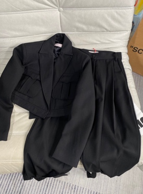 小众设计 23春 简约气质酷飒短西装外套 高腰宽松束脚西装裤套装