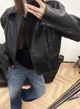 小众设计 24春 简约美式机车帅气 斜门襟拉链装饰PU皮衣夹克外套